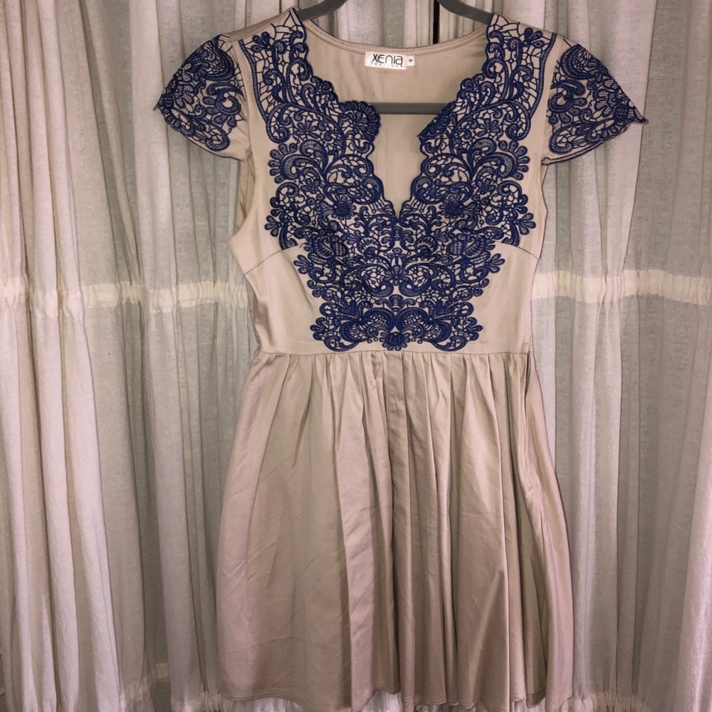 Xenia Boutique - Navy & Taupe Embroidered Dress